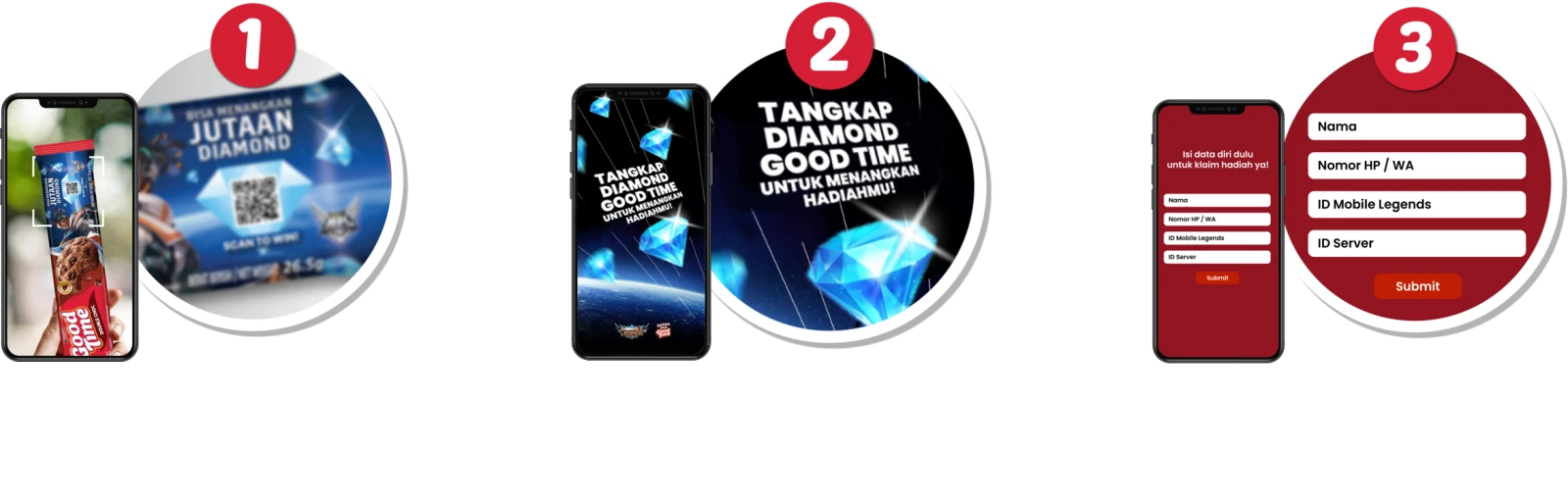 Cara ikutan: 1. Beli Good Time kemasan MLBB, scan QR code. 2. Klik link ke website, tap-tap untuk memulai hujan diamond. 3. Isi data diri untuk klaim hadiah.